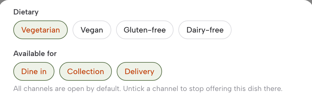 The Dietary row of the dish editor with Vegetarian selected, above the Available for chips for Dine in, Collection and Delivery.