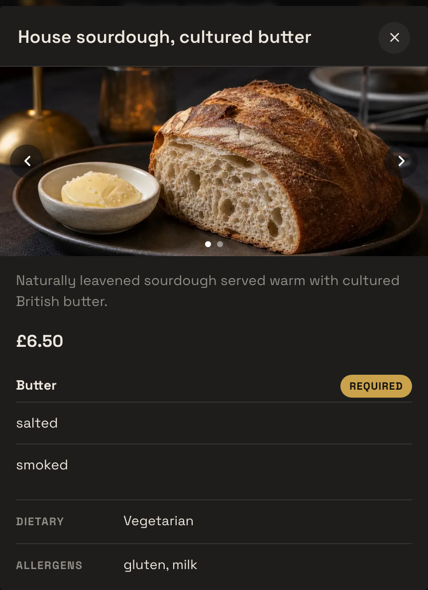The live Maison Rouge menu on a phone: the House sourdough sheet showing its price, the butter choice, Dietary: Vegetarian and Allergens: gluten, milk.