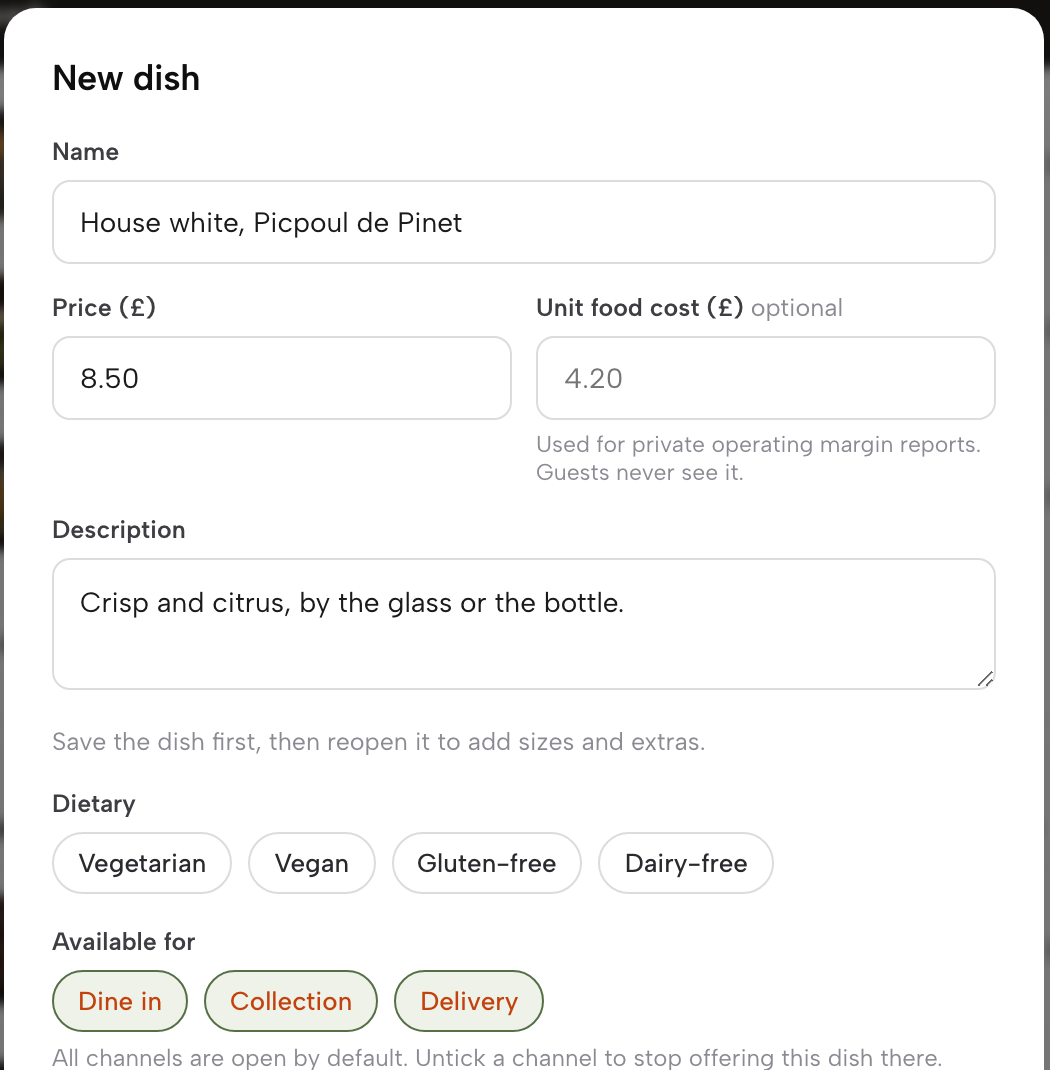 The New dish form with an example drink typed in for this guide and not saved: House white, Picpoul de Pinet, £8.50, with a short description, the note to save first before adding sizes, and the Dietary and Available for choices.
