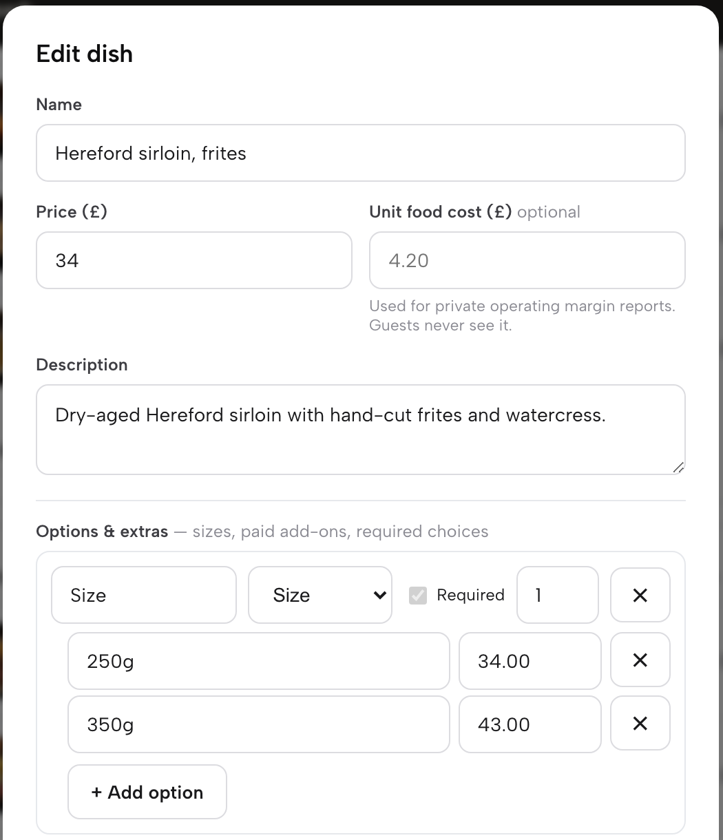 The Edit dish form for a saved dish, showing Options & extras with a Size group of two sizes, each with its own price, and + Add option.