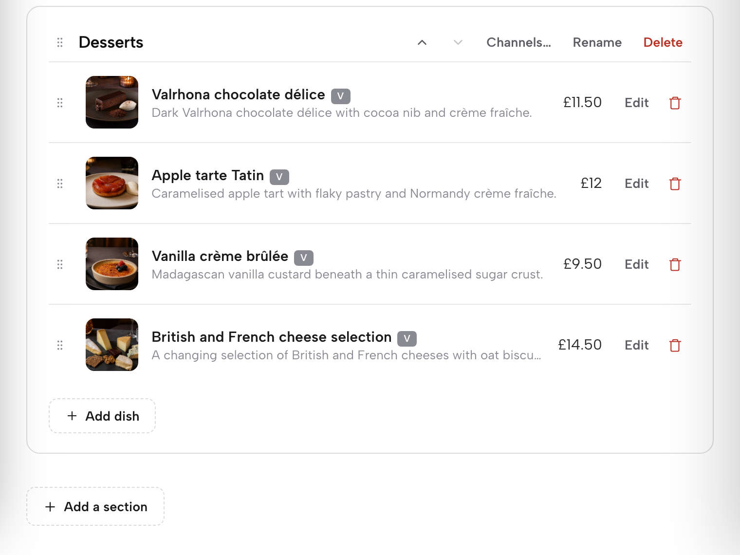 The Menu page in TableSpark: the Desserts section card with Channels…, Rename and Delete, its dishes and prices, + Add dish, and + Add a section at the foot of the menu.