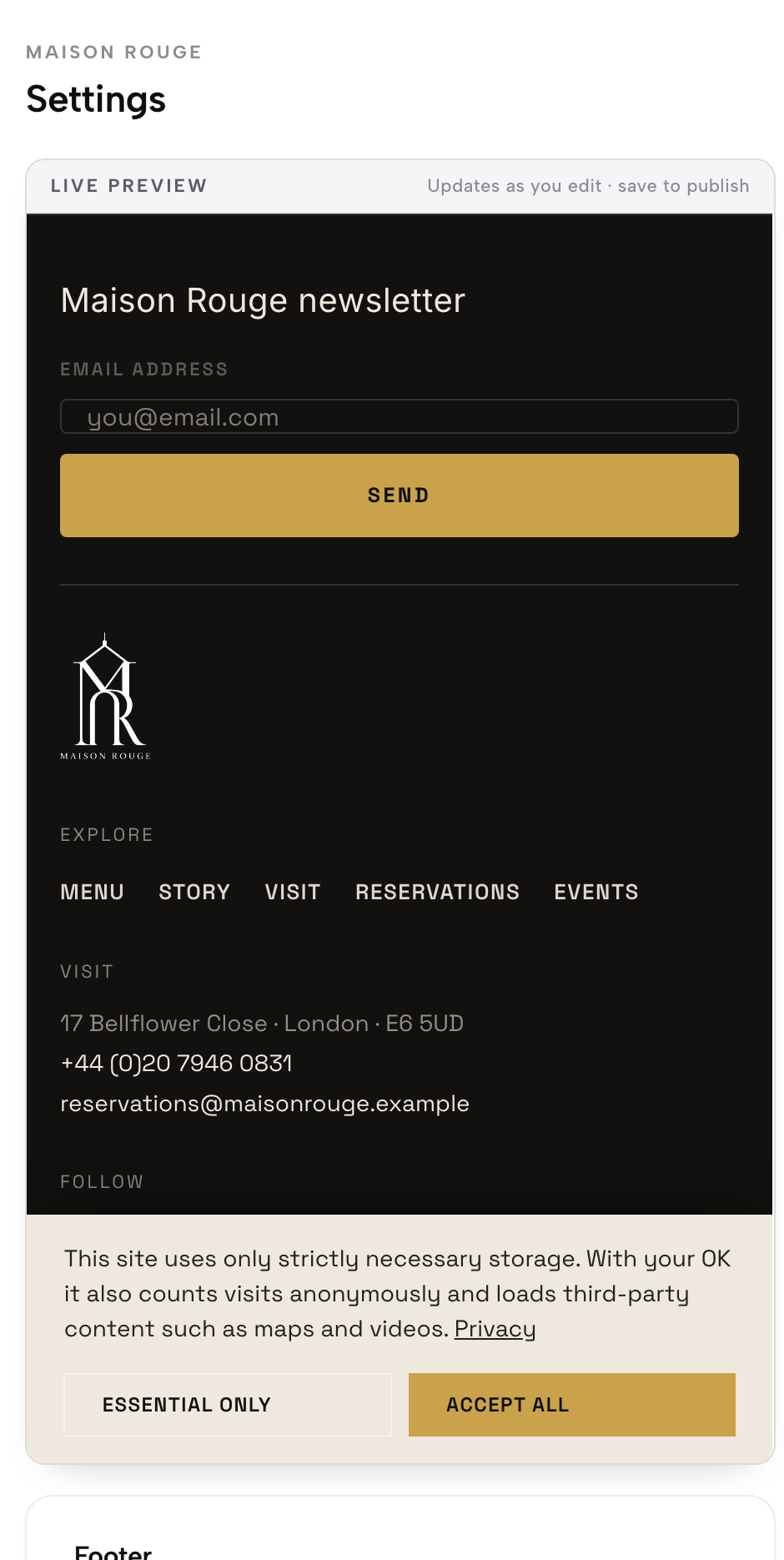 Settings, Social in TableSpark: the live footer preview with the newsletter sign-up, logo, Explore links, Visit details and Follow icons.