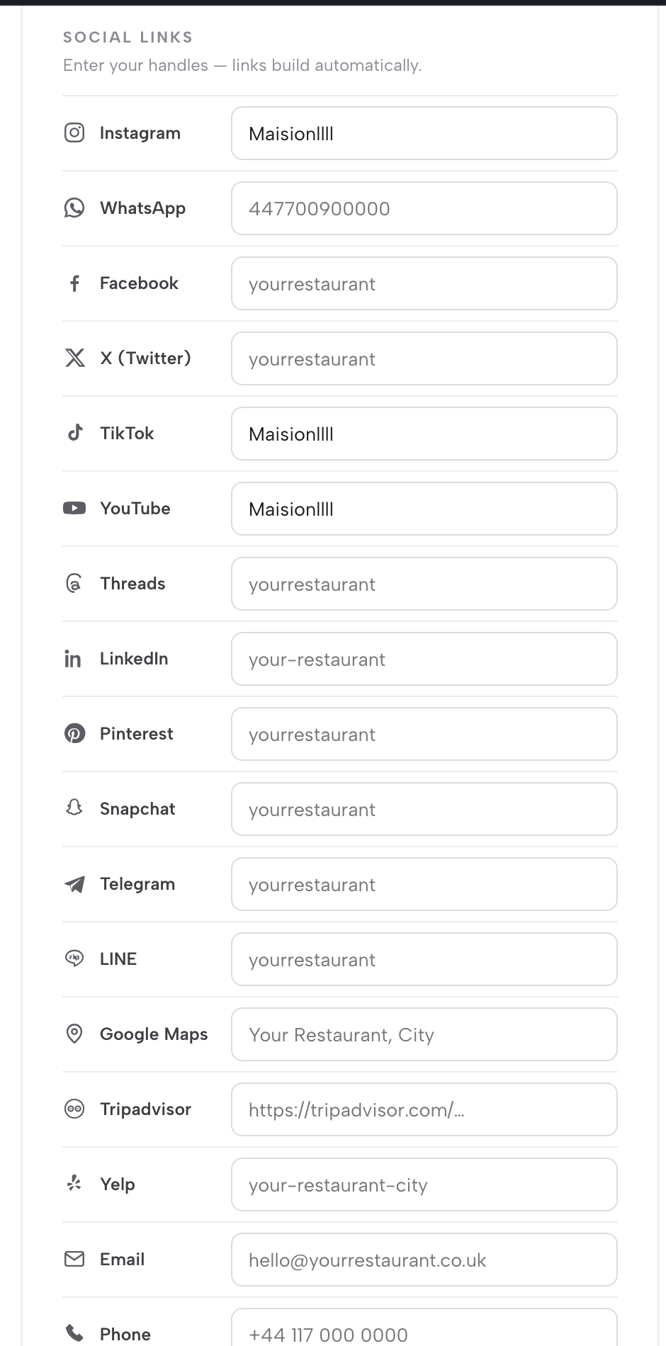 Social links: one field per network, with entries filled in for Instagram, WhatsApp, TikTok and YouTube and the rest left blank.
