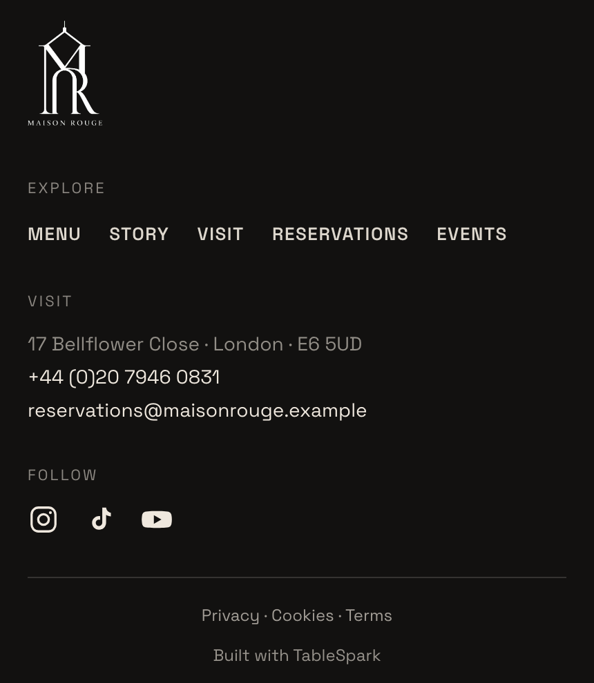 The live Maison Rouge footer on a phone: logo, Explore links, Visit details and the Follow row with the Instagram, TikTok and YouTube icons.