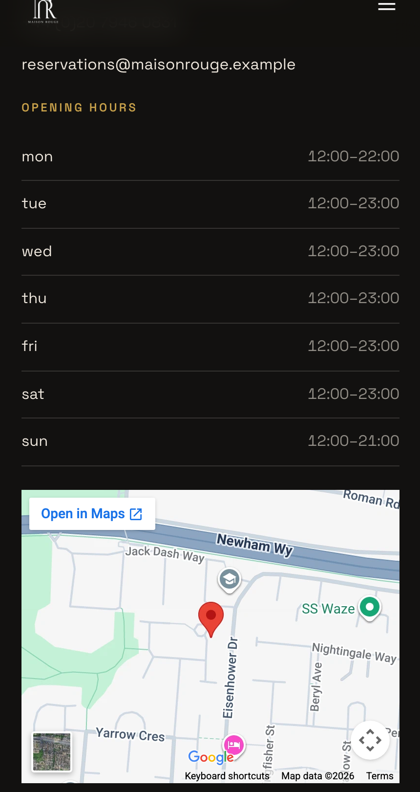 The published Maison Rouge Visit page on a phone: the email address, opening hours for each day and the embedded map with Open in Maps.