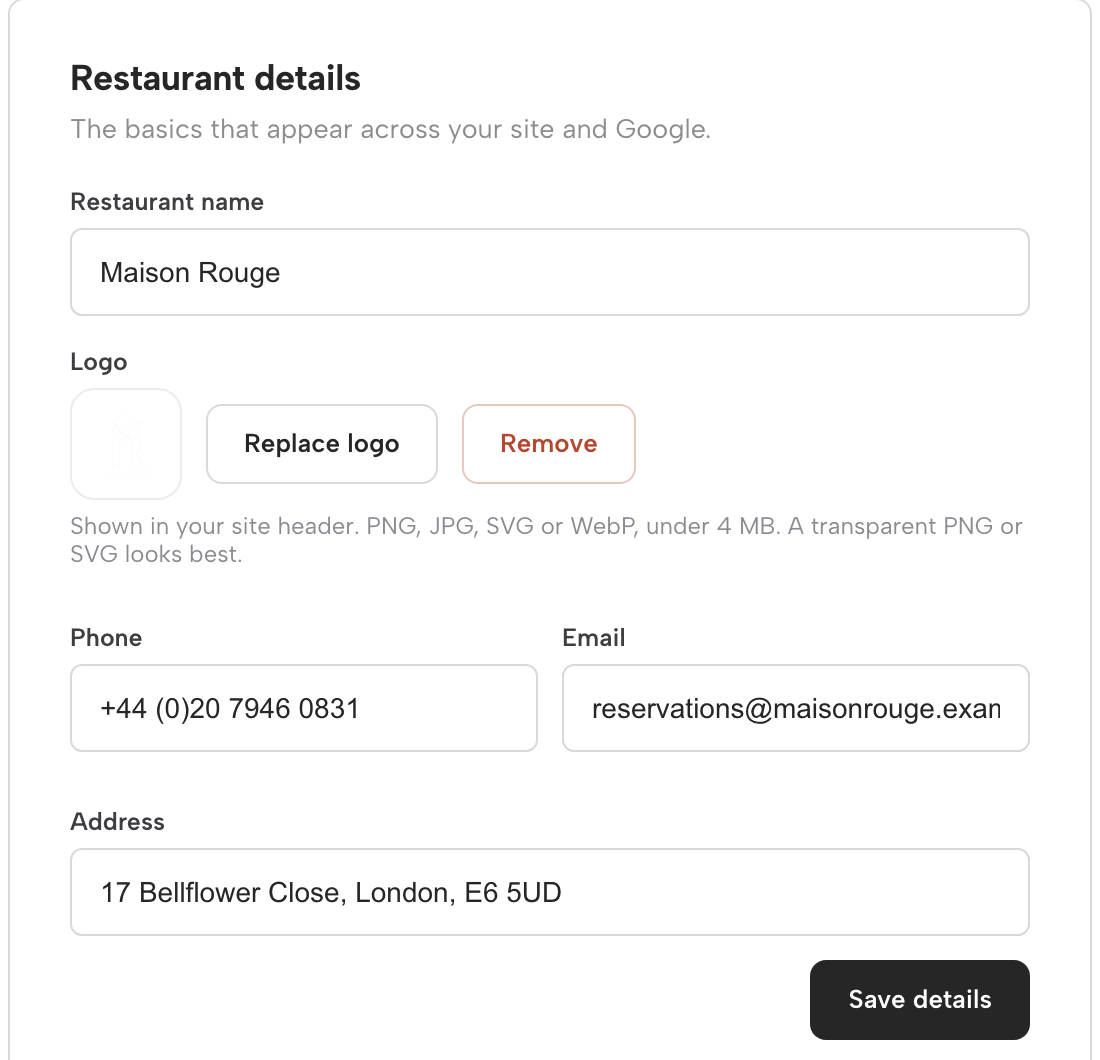 Restaurant details on the TableSpark dashboard: restaurant name, logo, phone, email and address fields with Save details.