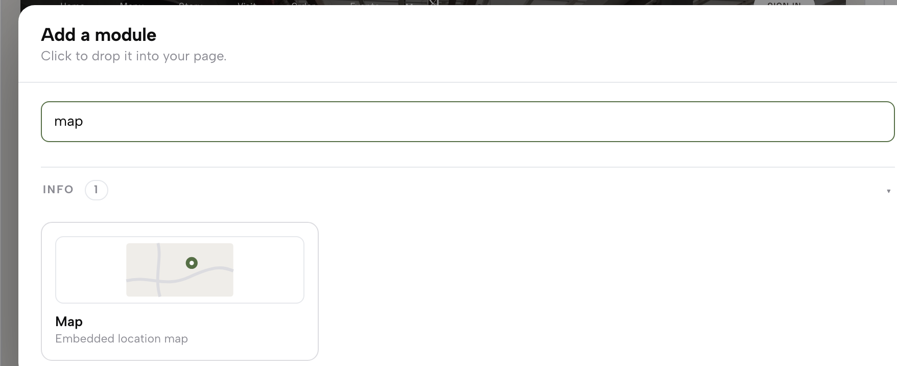 The Builder's Add a module search for map, showing the Map module in the Info group, described as an embedded location map.