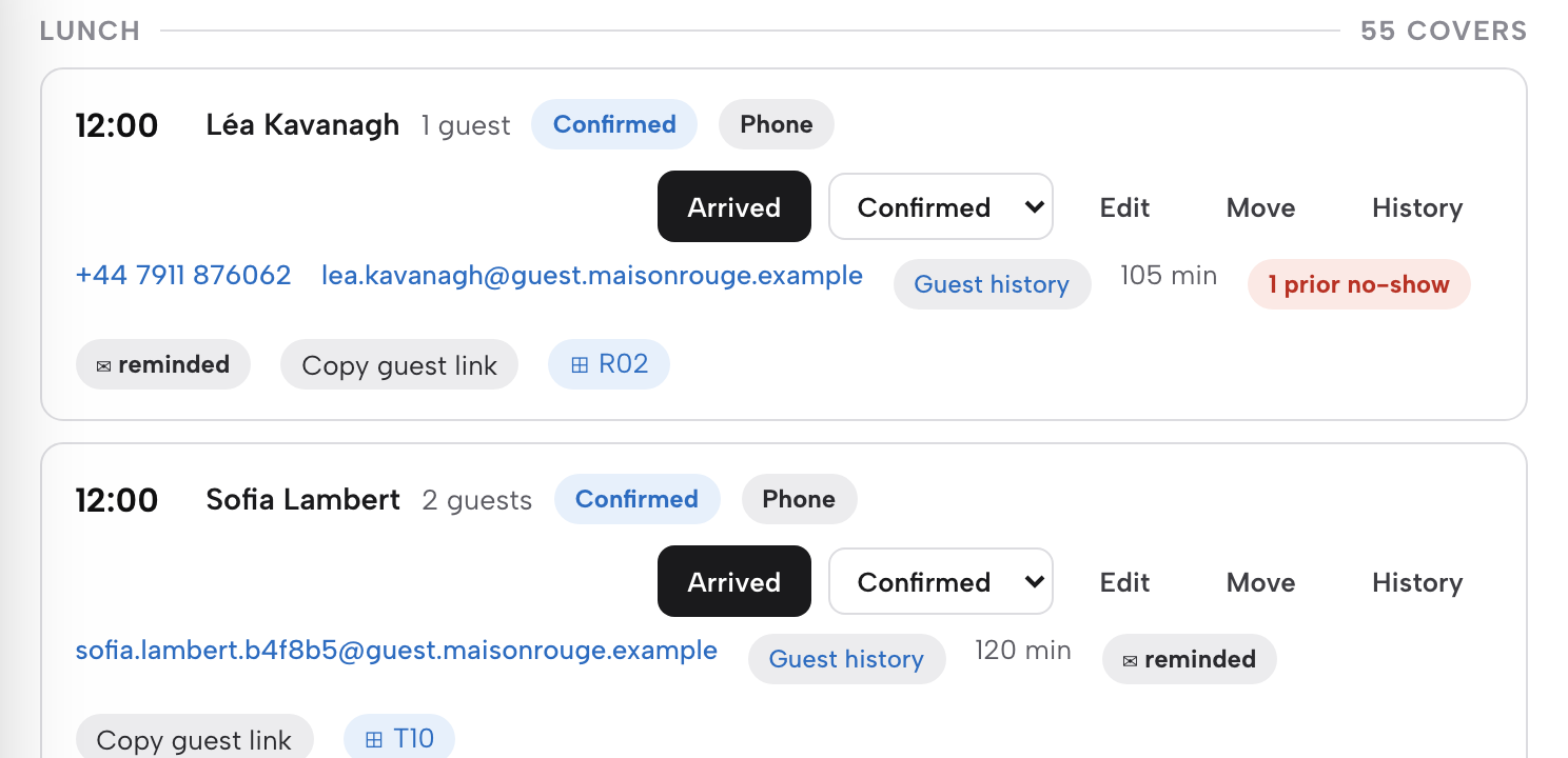 The Bookings diary Day view: Lunch bookings at 12:00 with party size, status and source, and Arrived, Edit, Move and History controls.