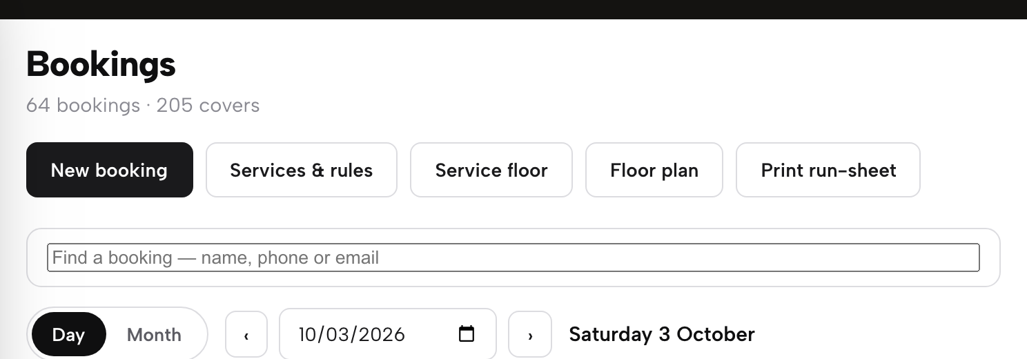 The TableSpark Bookings page: New booking, Services & rules, Service floor, Floor plan and Print run-sheet, above the bookings search and the Day view date picker.
