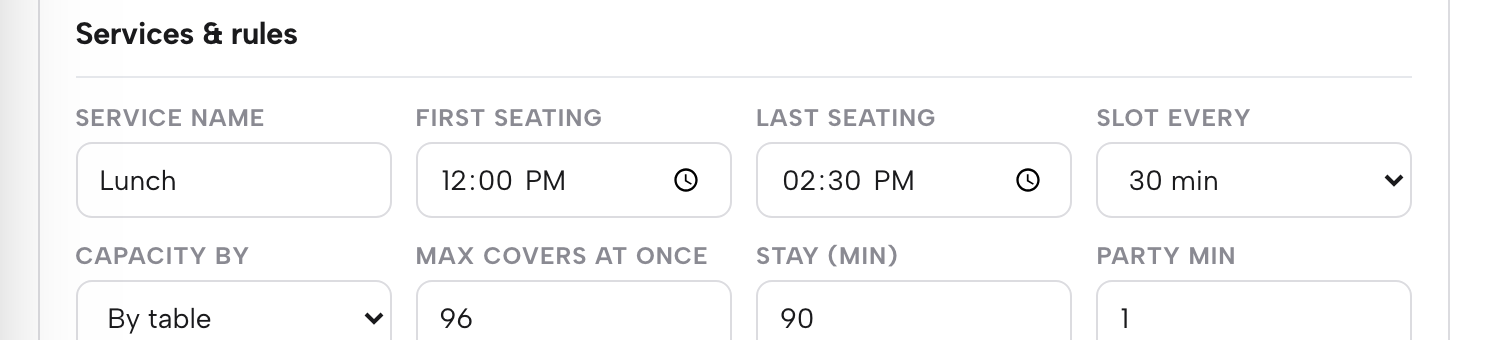 A service row in Services & rules: Lunch, first seating 12:00 PM, last seating 02:30 PM, a slot every 30 minutes, capacity by table, 96 covers at once and a 90-minute stay.