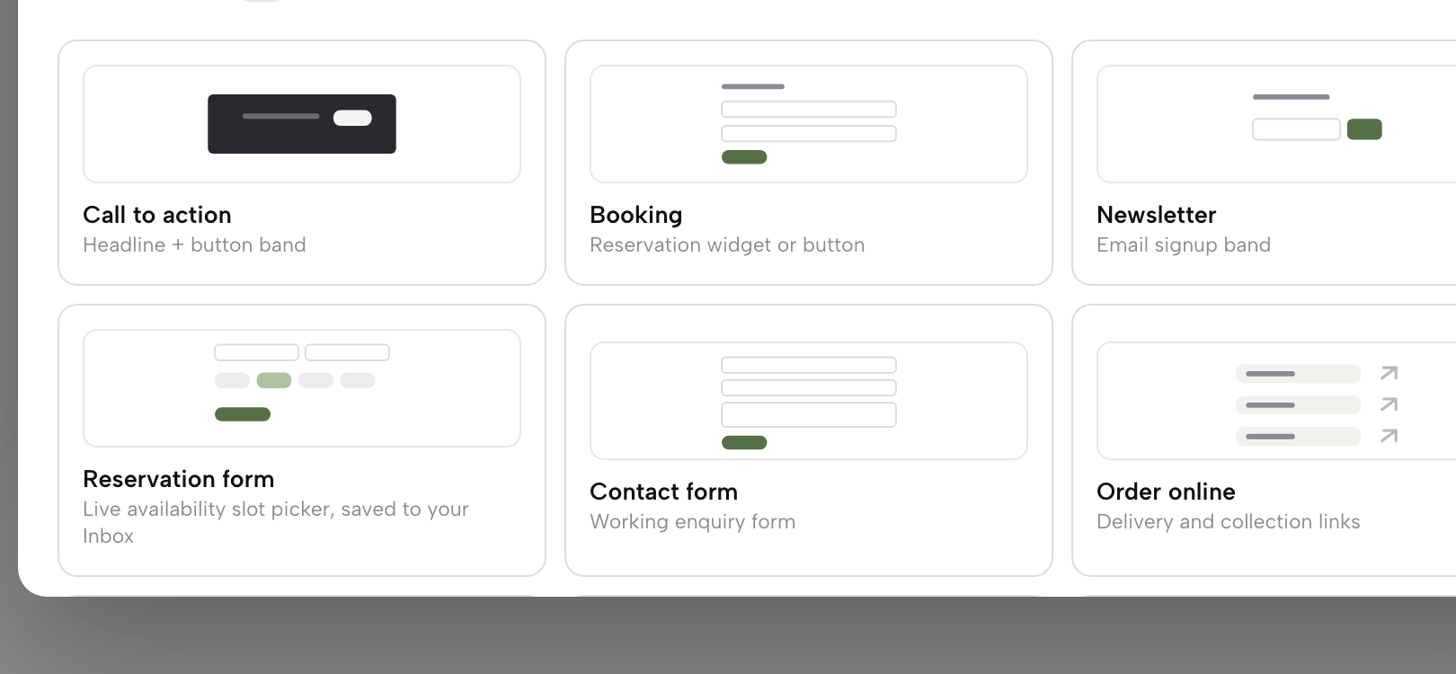 The Builder's Add a module catalogue, Conversion group: Call to action, Booking, Newsletter, Reservation form, Contact form and Order online modules.