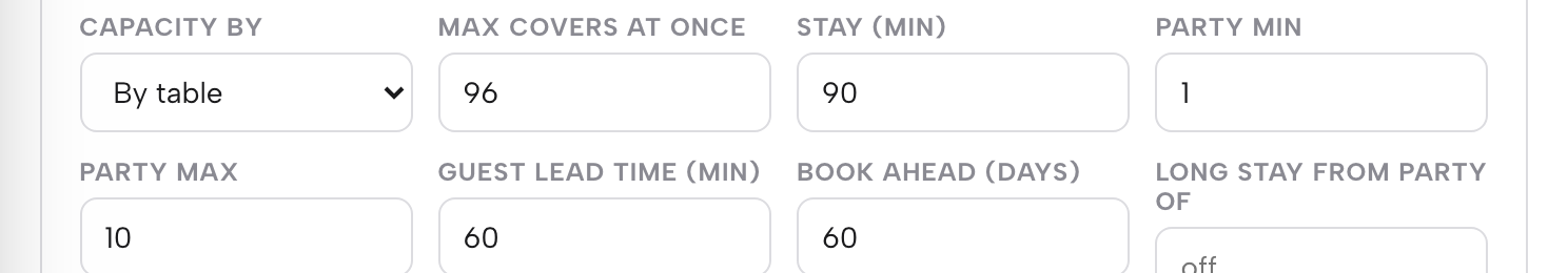The same service row: party min 1, party max 10, guest lead time 60 minutes and book ahead 60 days.