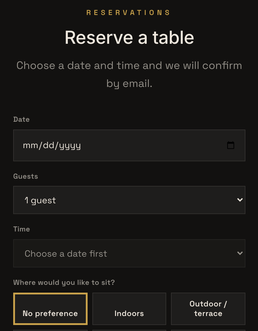 The Maison Rouge reservations page on a phone: Reserve a table, with Date, Guests and Time fields and seating choices.