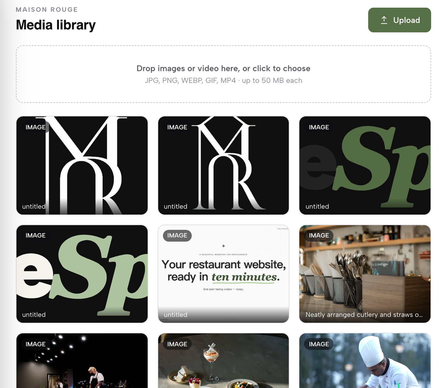The Media library in TableSpark: an Upload button, a drop zone for JPG, PNG, WEBP, GIF and MP4 files up to 50 MB each, and a grid of uploaded images.