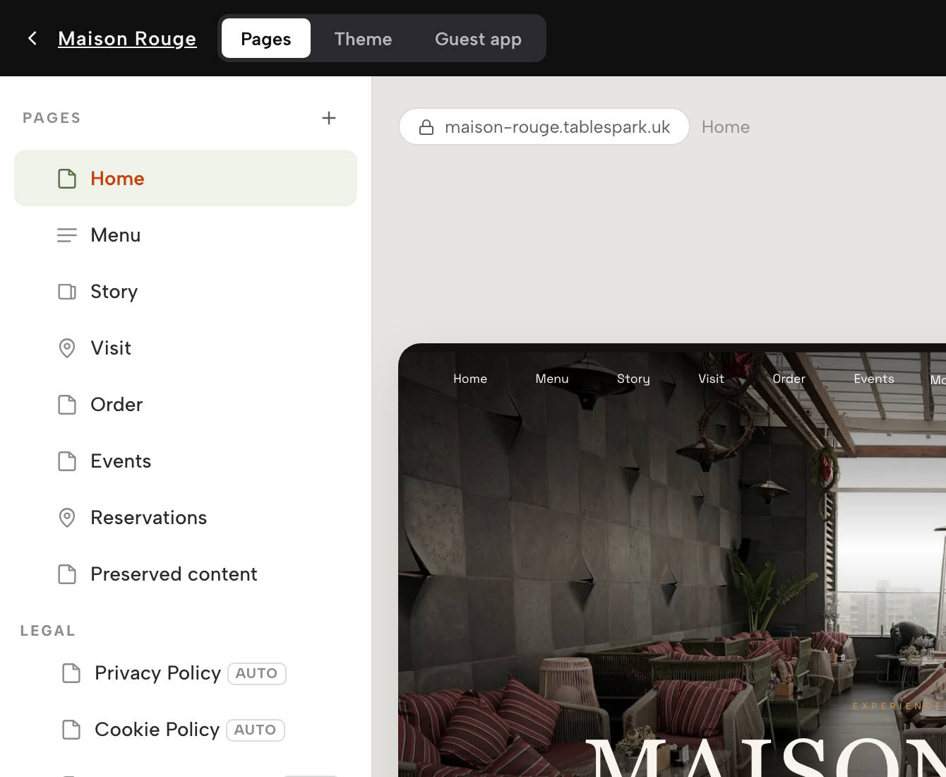 The Builder with the Pages tab open: Home, Menu, Story, Visit, Order, Events, Reservations and the legal pages listed on the left, the homepage preview beside them.