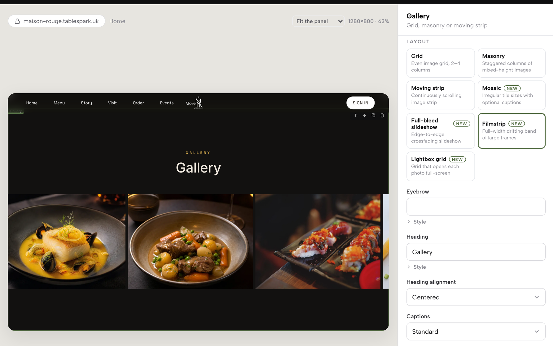 The Gallery module selected on the homepage preview, its inspector on the right offering Grid, Masonry, Moving strip, Mosaic, Full-bleed slideshow, Filmstrip and Lightbox grid layouts, with Eyebrow, Heading, alignment and Captions fields.