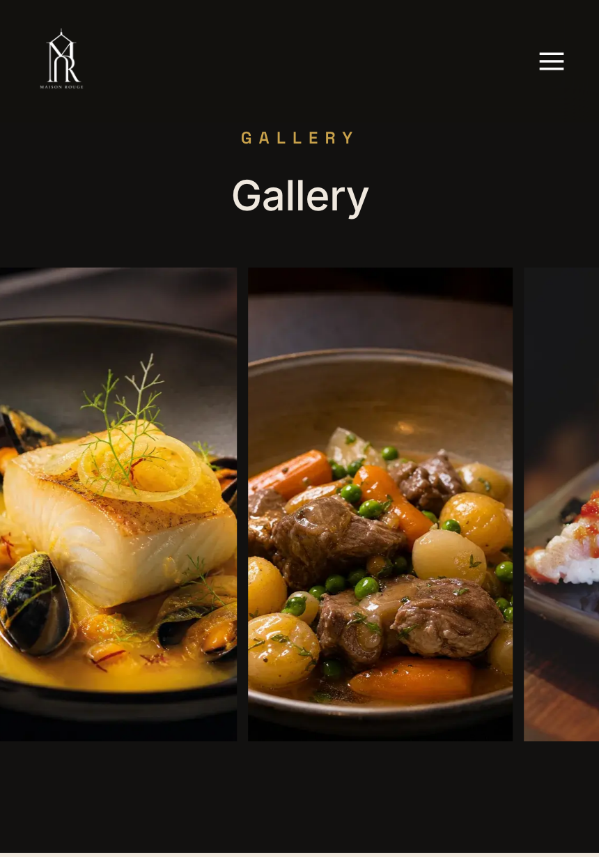 The published Maison Rouge homepage on a phone, scrolled to the Gallery section: dish photographs in a strip under the Gallery heading.