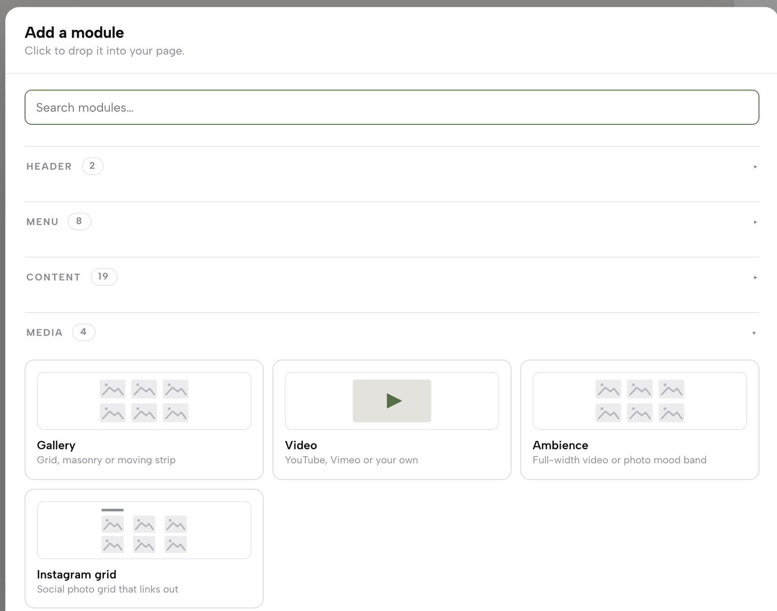 The Add a module catalogue with the Media group open: Gallery, Video, Ambience and Instagram grid.