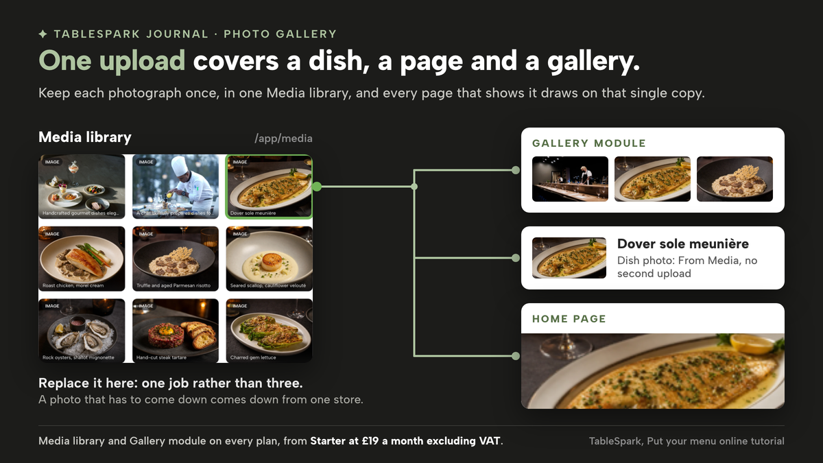 A crop of the TableSpark Media library grid of restaurant photographs, with the Dover sole meunière photo ringed in green. Three lines run from that one photo to three page mock-ups that all show it: a Gallery module, a menu dish row for Dover sole meunière using From Media, and the home page.