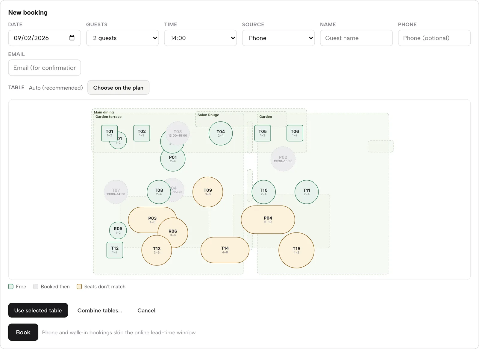The New booking form with the table picker: a mini floor plan with free, booked and mismatched tables coloured, and Use selected table, Combine tables and Book buttons