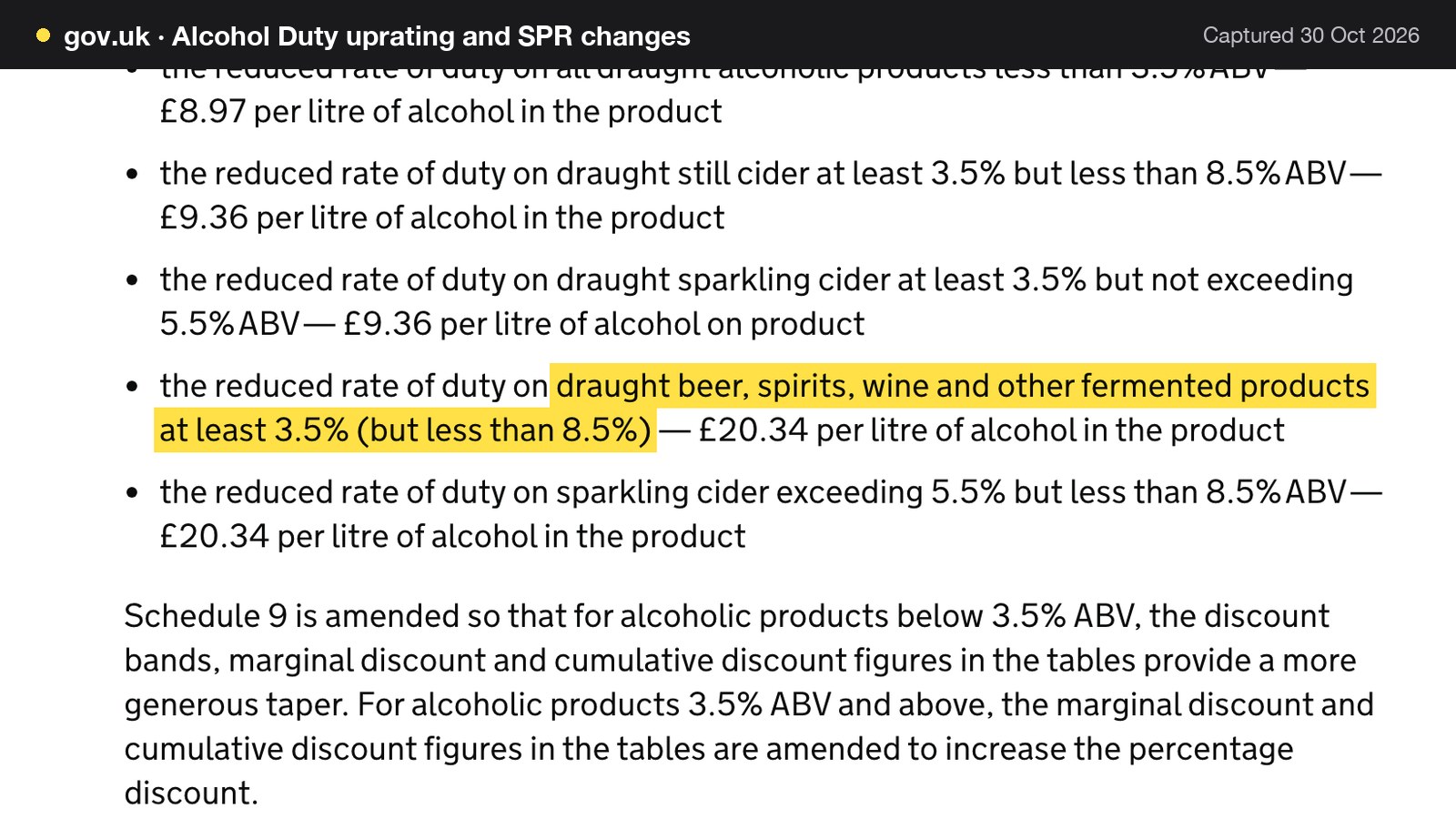 Screenshot of Alcohol Duty uprating and SPR changes on gov.uk, with the words "draught beer, spirits, wine and other fermented products at least 3.5% (but less than 8.5%)" highlighted.