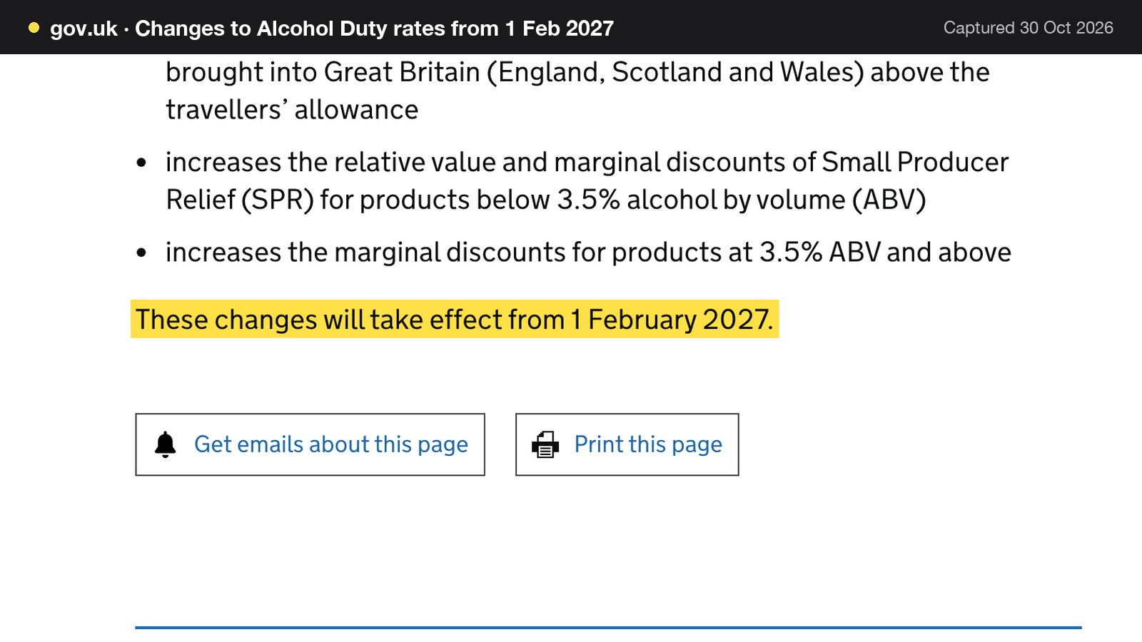 Screenshot of Changes to Alcohol Duty rates from 1 Feb 2027 on gov.uk, with the words "These changes will take effect from 1 February 2027." highlighted.