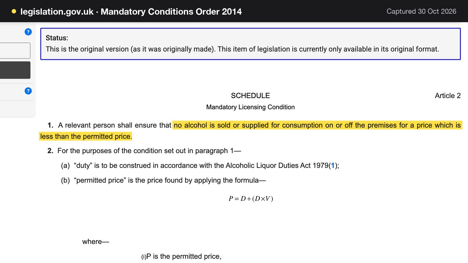 Screenshot of Mandatory Conditions Order 2014 on legislation.gov.uk, with the words "no alcohol is sold or supplied for consumption on or off the premises for a price which is less than the permitted price" highlighted.