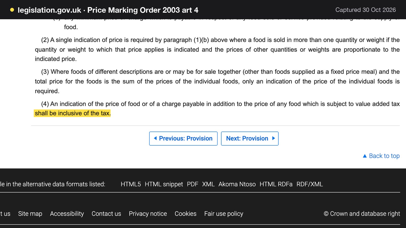 Screenshot of Price Marking Order 2003 art 4 on legislation.gov.uk, with the words "shall be inclusive of the tax" highlighted.