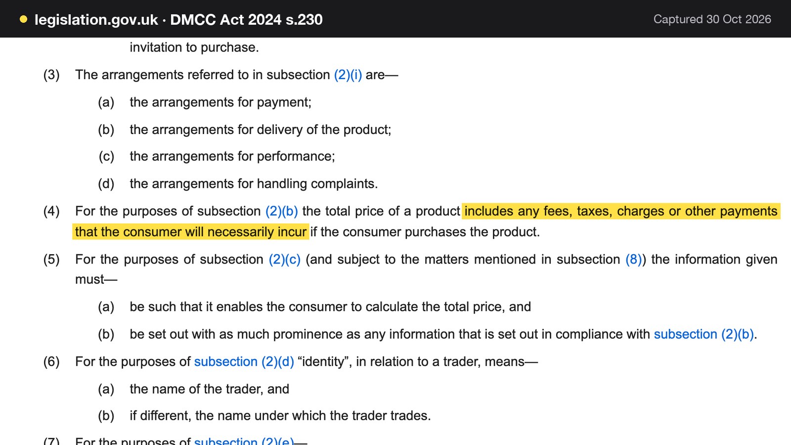 Screenshot of DMCC Act 2024 s.230 on legislation.gov.uk, with the words "includes any fees, taxes, charges or other payments that the consumer will necessarily incur" highlighted.