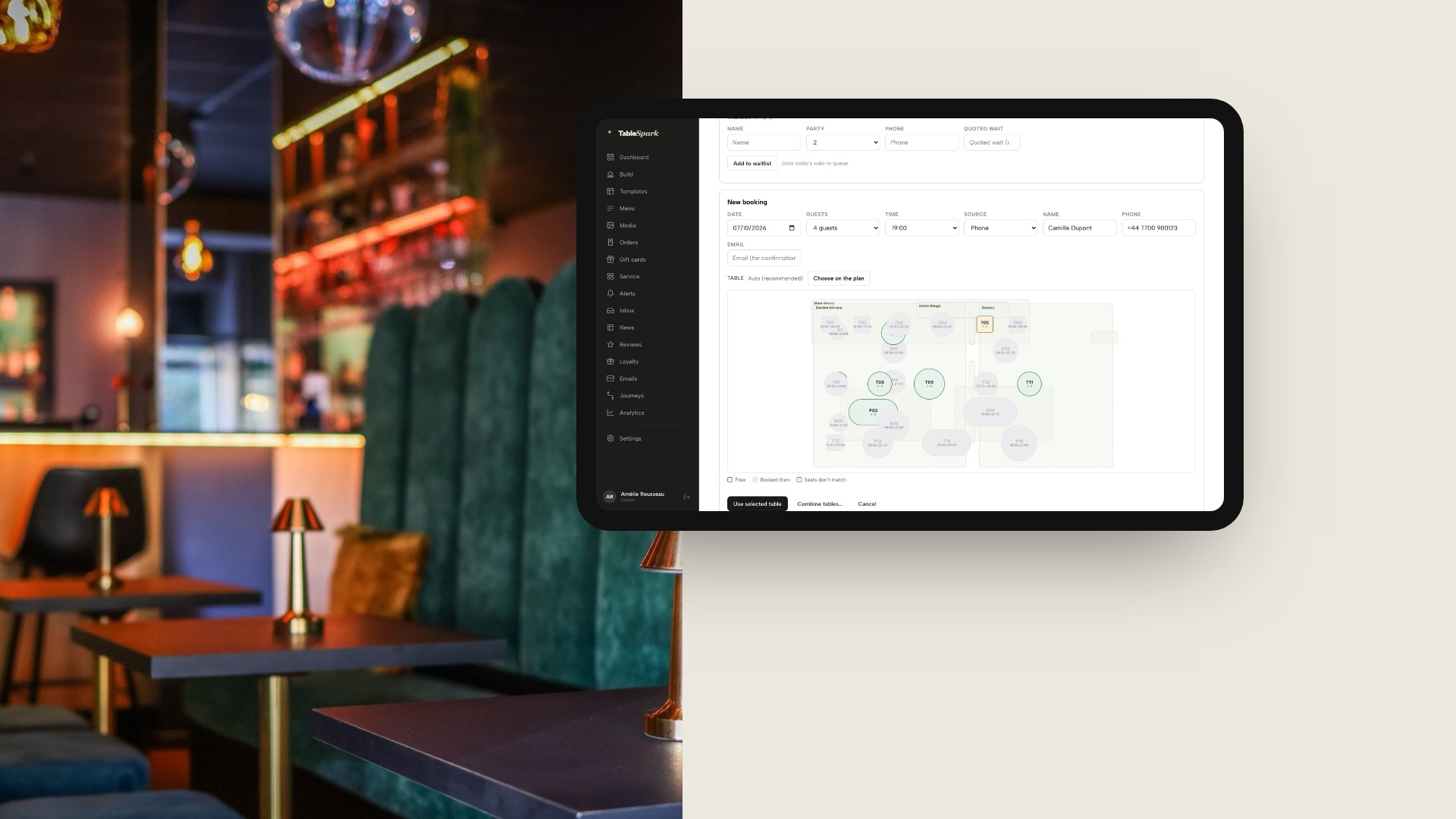 A tablet showing the TableSpark New booking form with its mini floor-plan table picker, beside a photograph of green velvet booths in a dim bar.
