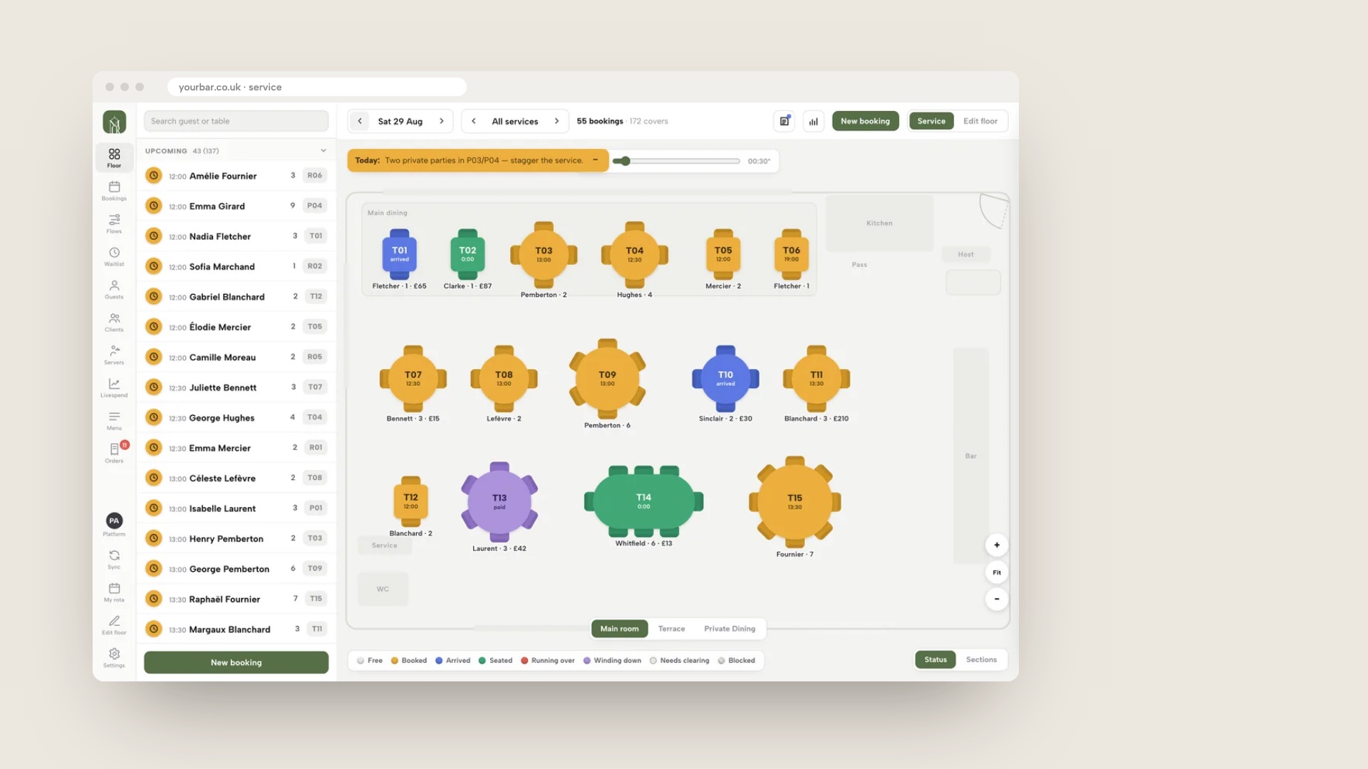A browser window showing the TableSpark live service floor for a demo venue: tables coloured by status, an upcoming bookings list and a New booking button.