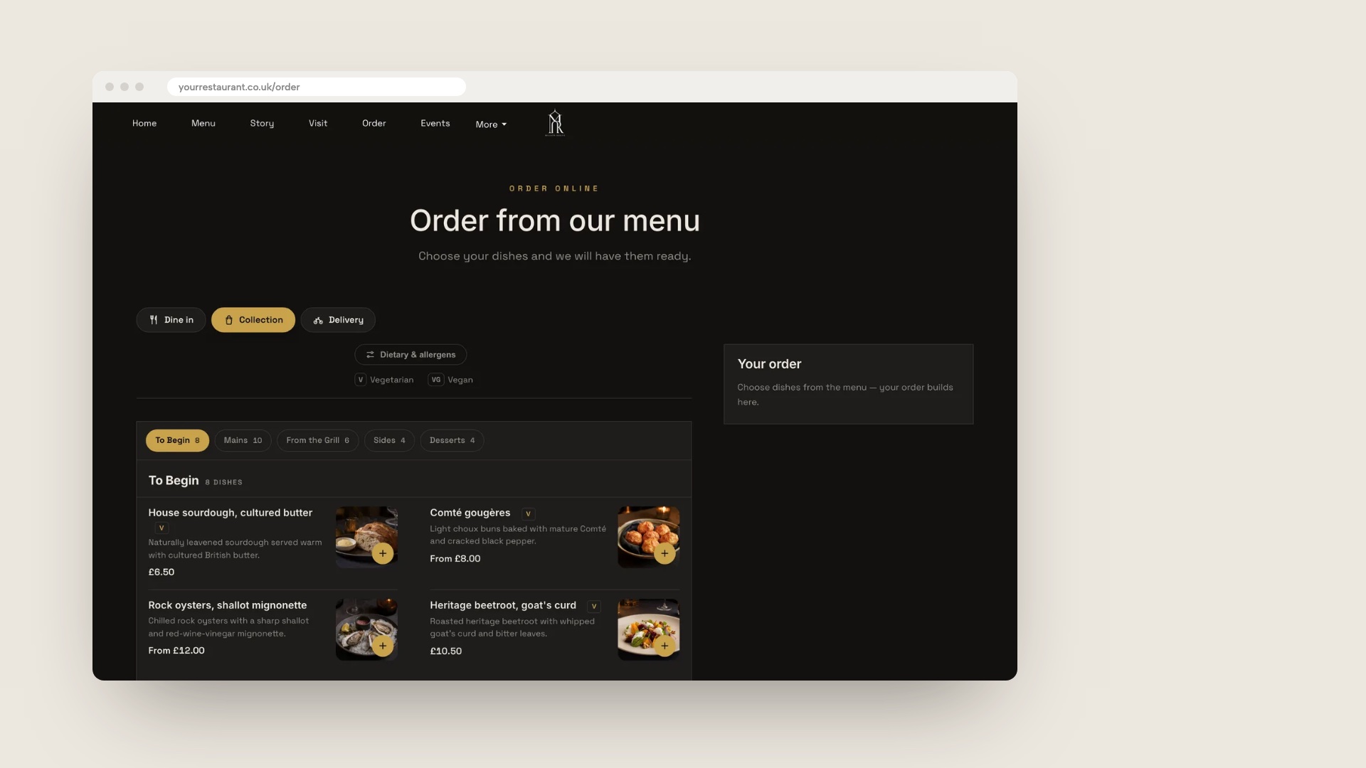 A browser window showing a TableSpark order page for a demo restaurant: Order from our menu, Dine in, Collection and Delivery choices, dietary filters, menu sections and a Your order basket.