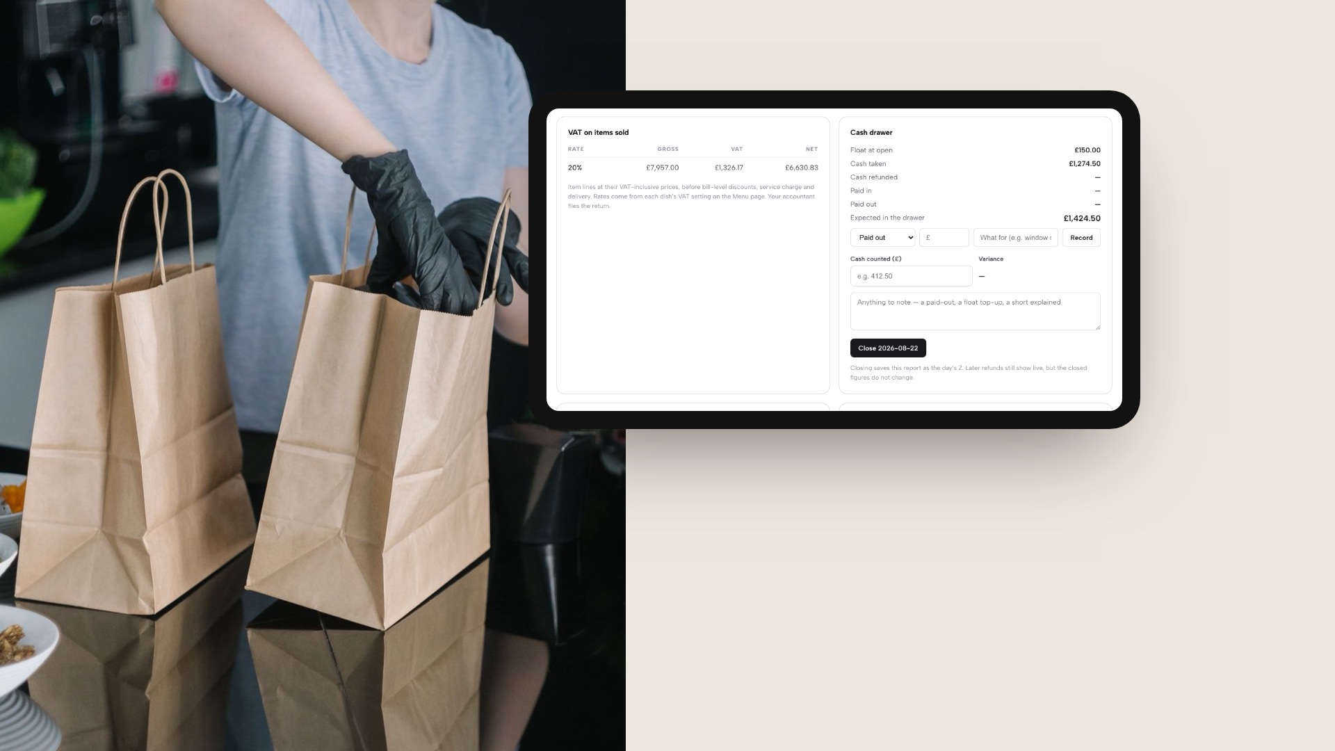 A tablet beside two takeaway bags showing the TableSpark end-of-day screen for a demo restaurant: VAT on items sold, and a cash drawer with float at open, cash taken, expected cash, a counted-cash field and a Close the day button.