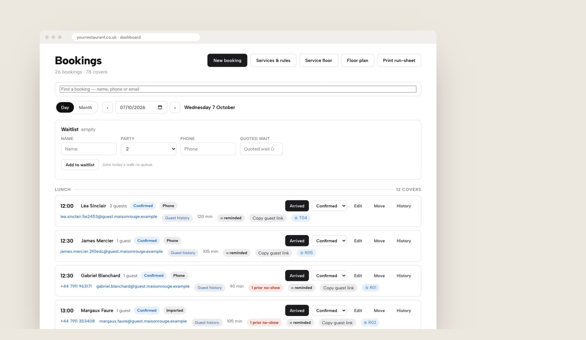 A browser window showing the TableSpark Bookings day view for a demo restaurant: a waitlist panel with name, party, phone and quoted wait, and lunch bookings with Arrived and Confirmed status, reminded and prior no-show tags and table numbers.