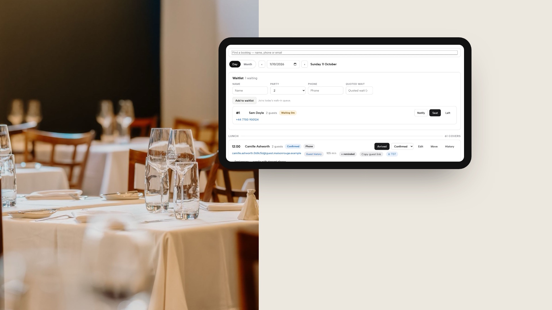 A tablet in a dining room showing the TableSpark waitlist with one waiting party of two and Notify, Seat and Left buttons above the lunch bookings.