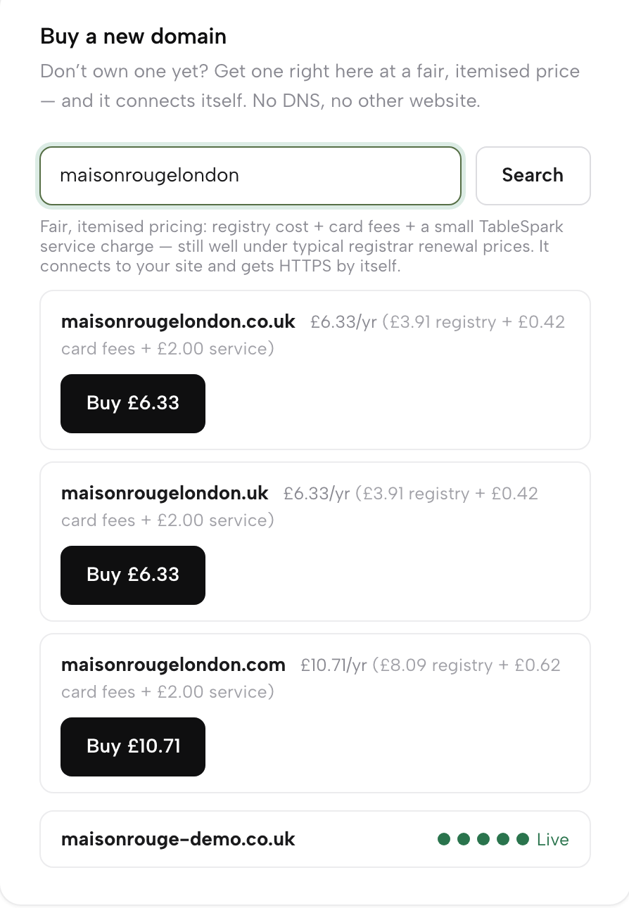 Buy a new domain in Settings: a search for maisonrougelondon returning .co.uk, .uk and .com, each with an itemised price (registry cost, card fees and service) and a Buy button.