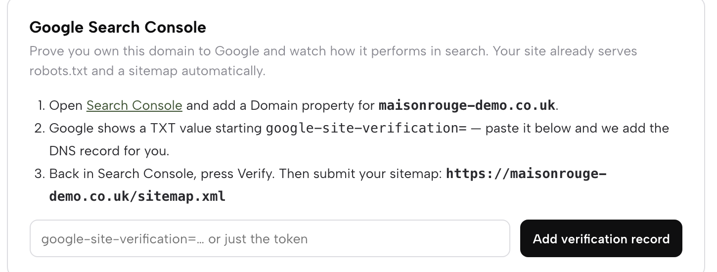 The Google Search Console card on the Domain dashboard: the three numbered steps, a field for the google-site-verification value and Add verification record.