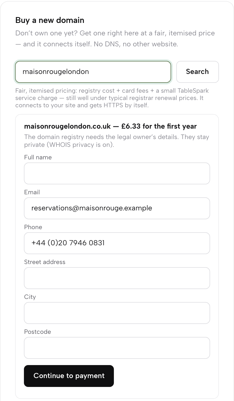 The owner form for maisonrougelondon.co.uk at £6.33 for the first year: full name, email, phone, street address, city and postcode, with WHOIS privacy on, and Continue to payment.