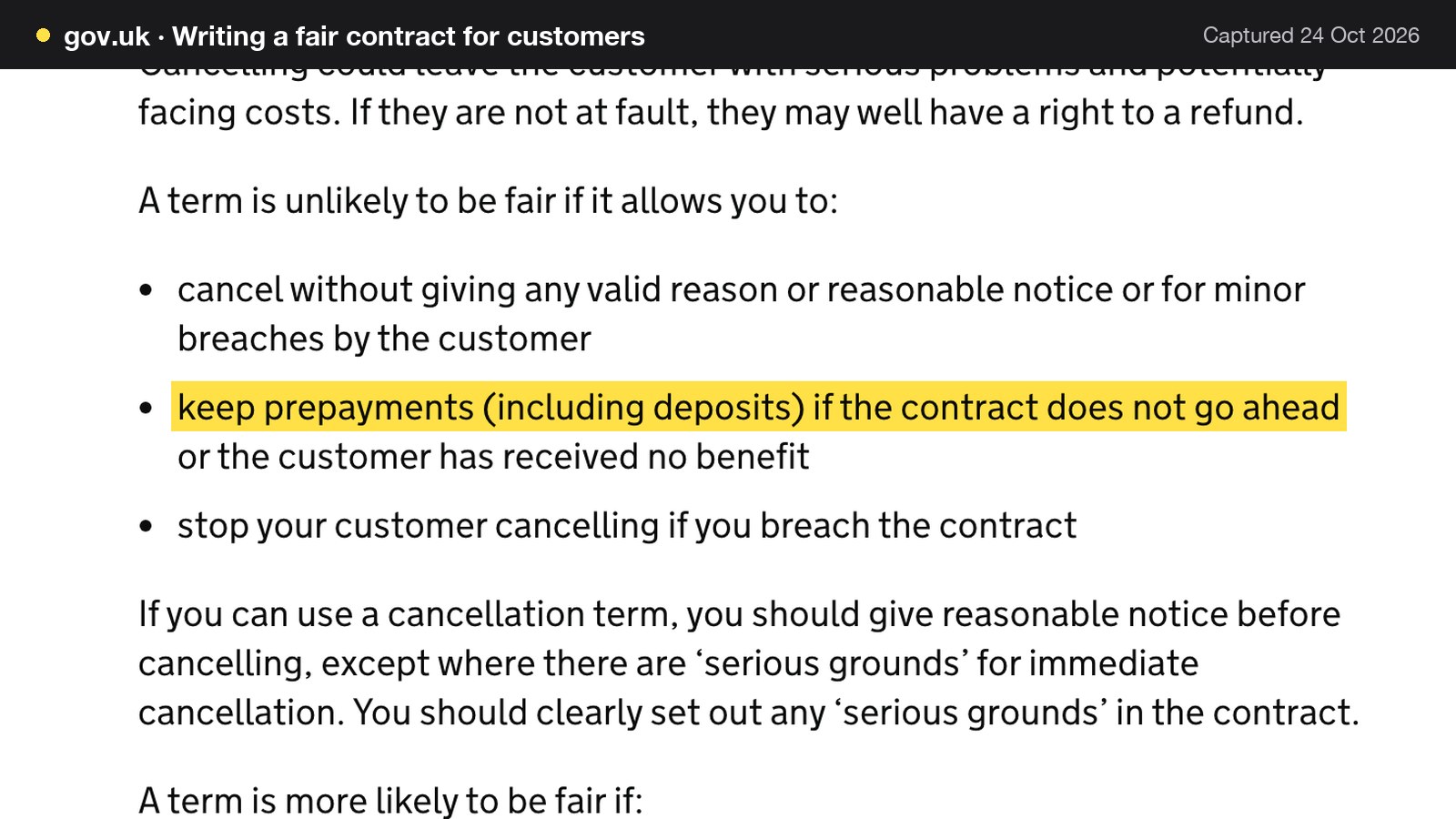 Screenshot of Writing a fair contract for customers on gov.uk, with the words "keep prepayments (including deposits) if the contract does not go ahead" highlighted.
