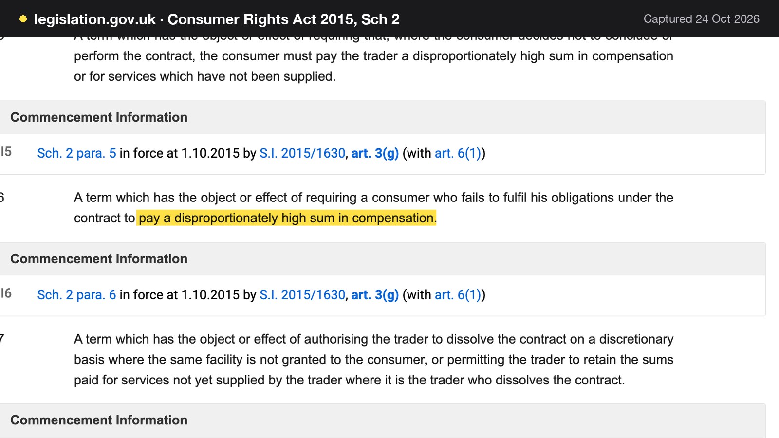 Screenshot of Consumer Rights Act 2015, Sch 2 on legislation.gov.uk, with the words "pay a disproportionately high sum in compensation" highlighted.