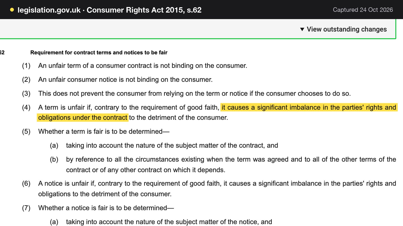 Screenshot of Consumer Rights Act 2015, s.62 on legislation.gov.uk, with the words "it causes a significant imbalance in the parties' rights and obligations under the contract" highlighted.