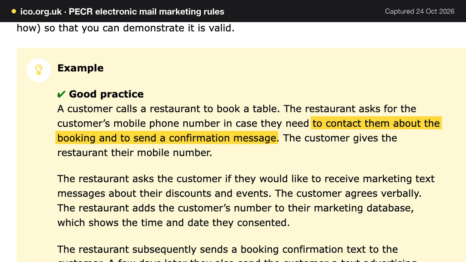 Screenshot of PECR electronic mail marketing rules on ico.org.uk, with the words "to contact them about the booking and to send a confirmation message" highlighted.