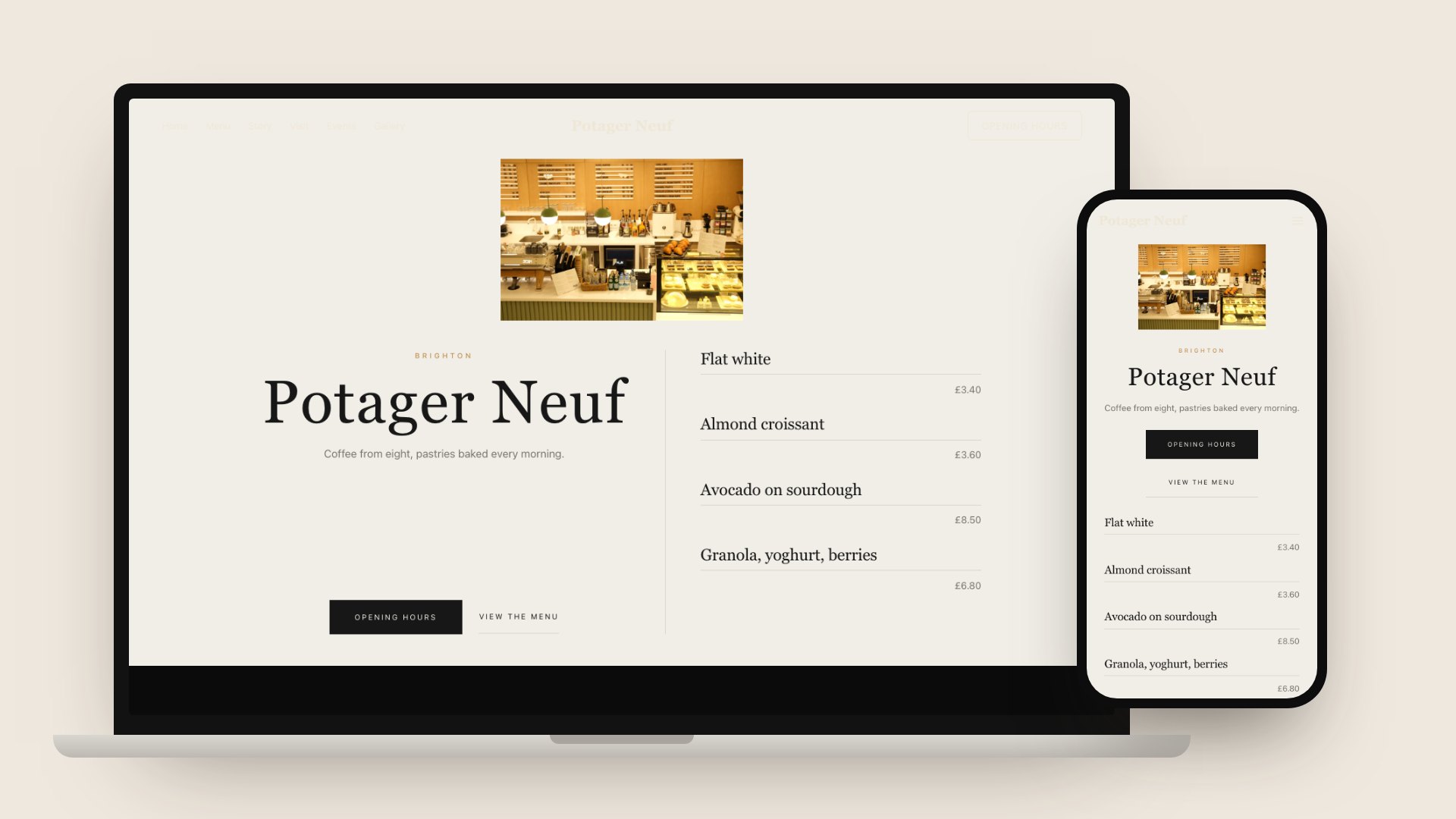 A laptop and a phone showing a TableSpark template dressed as a Brighton café, with a counter photograph, the line Coffee from eight, pastries baked every morning, an Opening hours button and a short menu of flat white, almond croissant, avocado on sourdough and granola with prices.