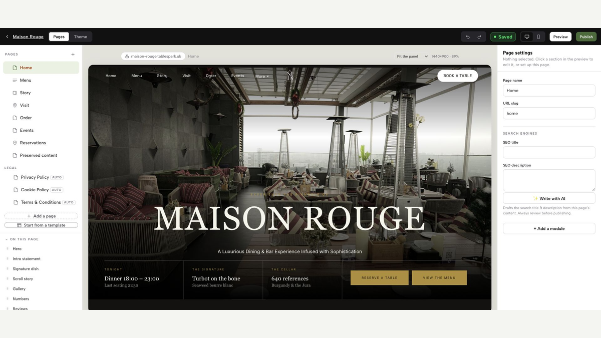 Authentic TableSpark Builder showing the Maison Rouge pages, a live preview, page settings and the Publish control.