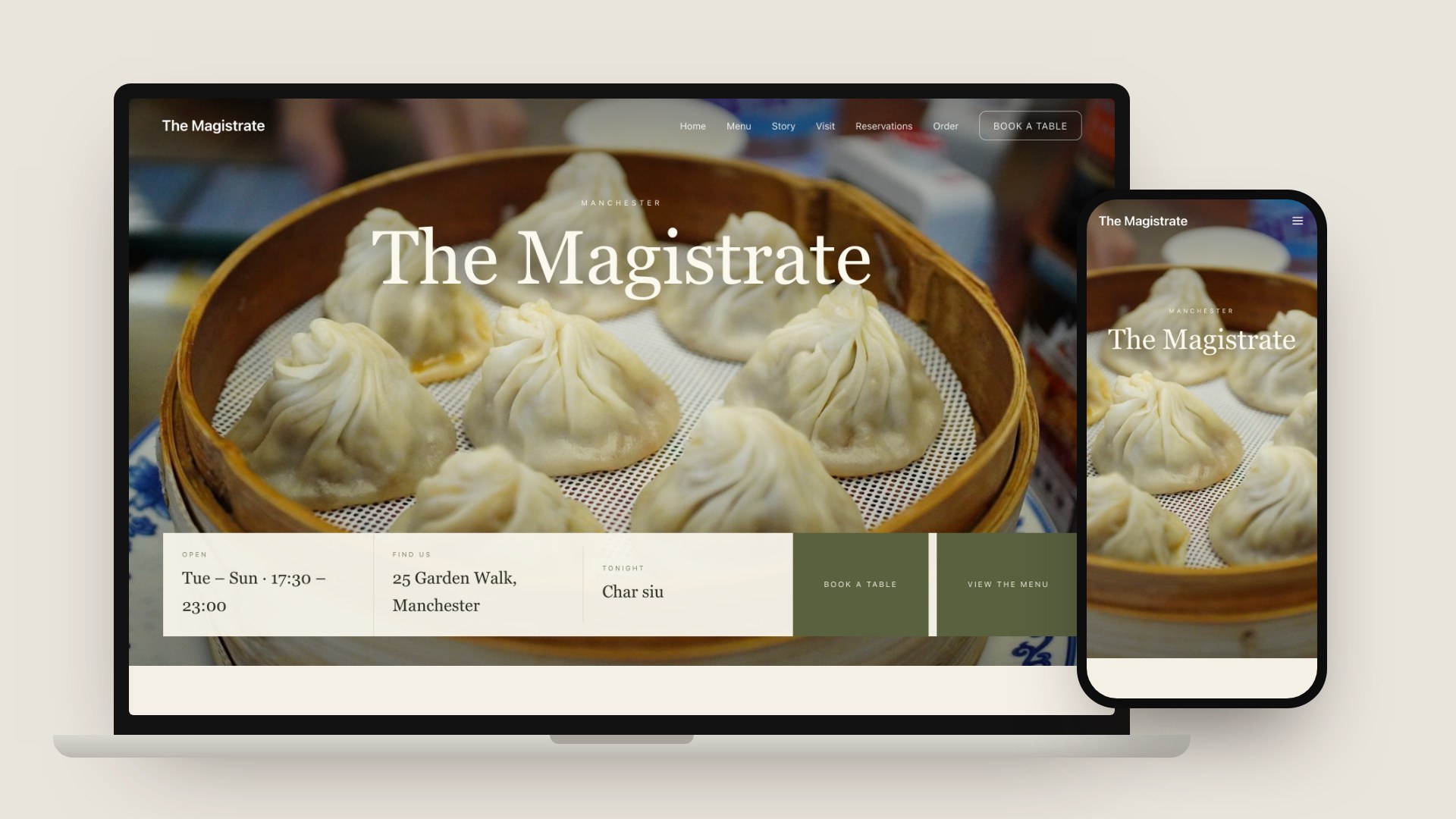 A laptop and a phone showing The Magistrate, a TableSpark Cantonese restaurant template dressed with dim sum photographs: a full-width photo of xiaolongbao in a bamboo steamer, opening hours, an address in Manchester, tonight's dish and Book a table and View the menu buttons.