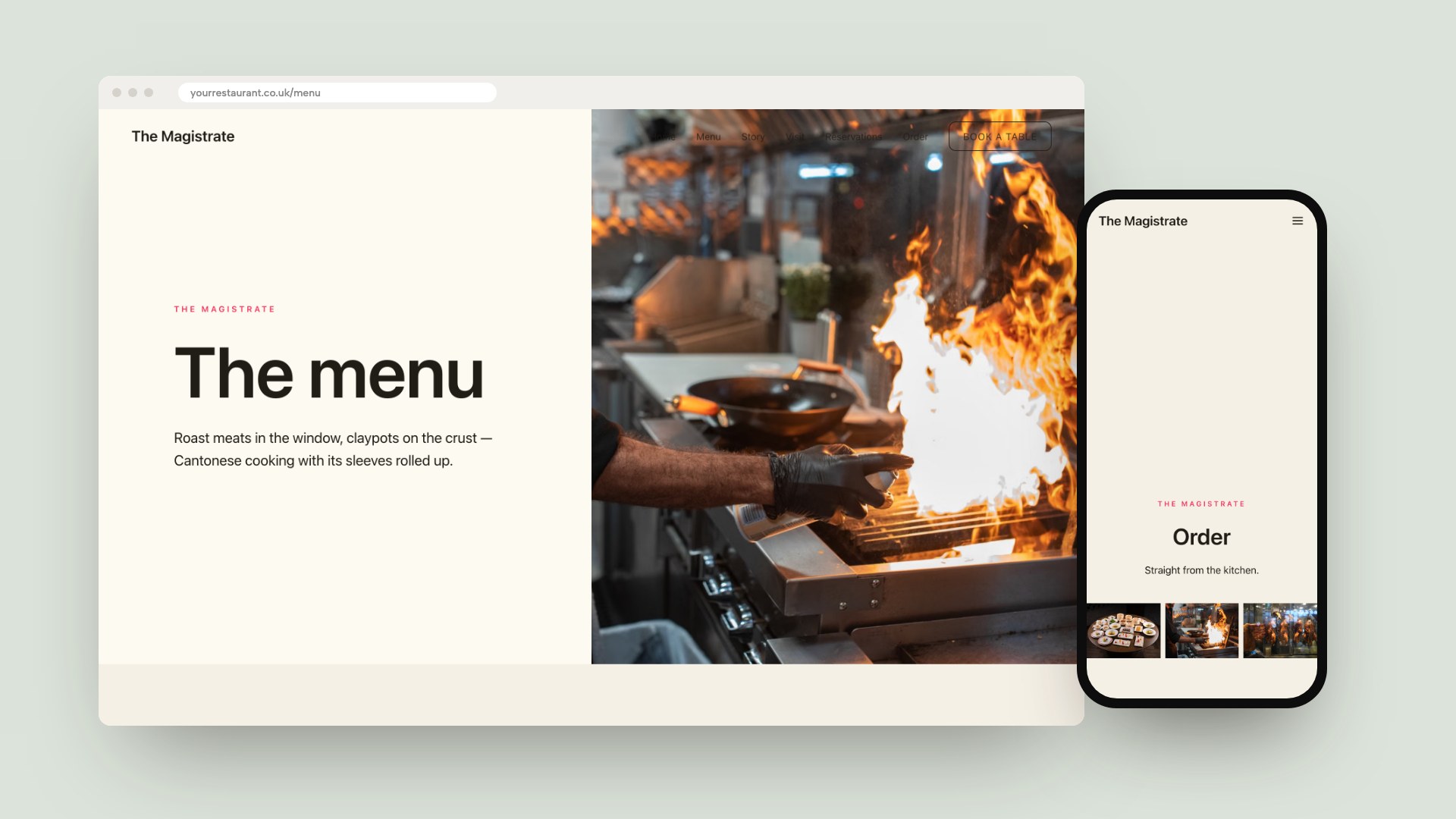 A browser window showing the menu page of a TableSpark Cantonese template with a wok-fire photograph, beside a phone showing the same template's order page.
