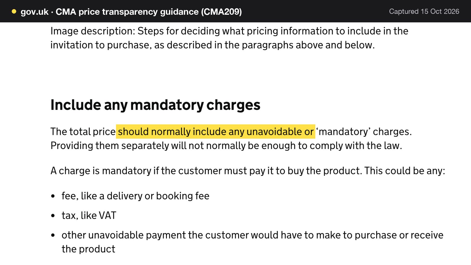 Screenshot of CMA price transparency guidance (CMA209) on gov.uk, with the words "should normally include any unavoidable or" highlighted.