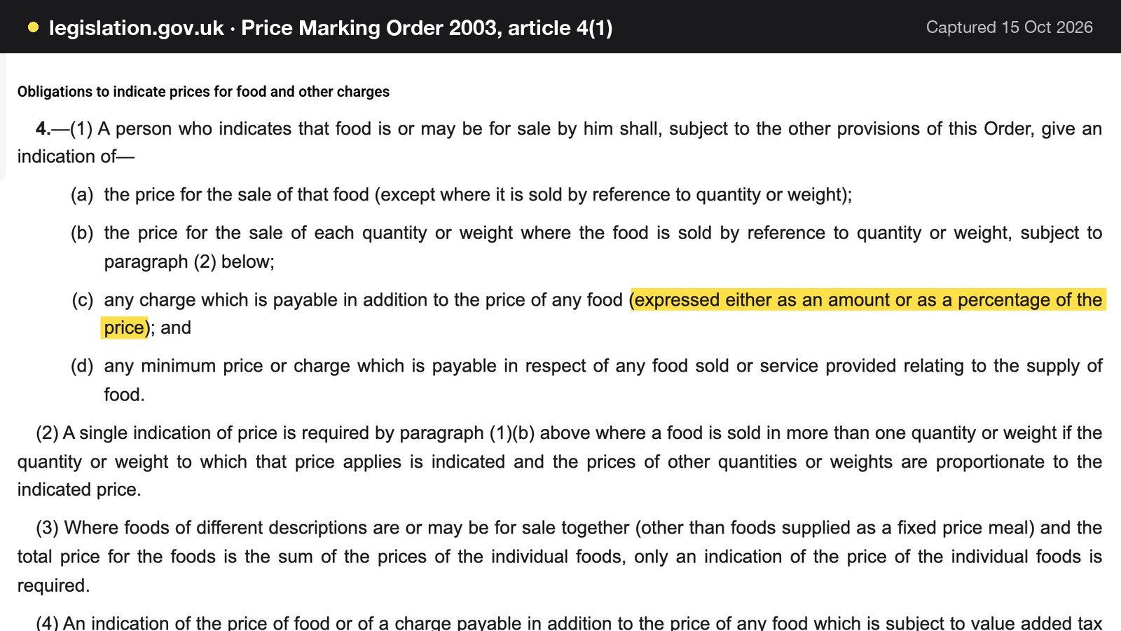 Screenshot of Price Marking Order 2003, article 4(1) on legislation.gov.uk, with the words "expressed either as an amount or as a percentage of the price" highlighted.