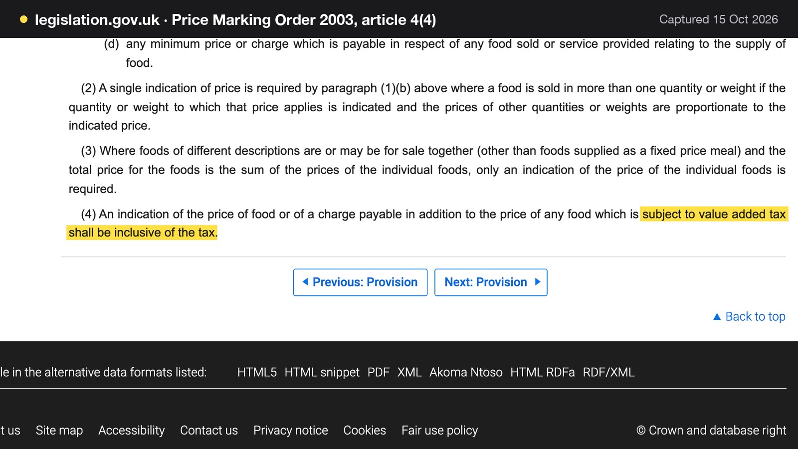 Screenshot of Price Marking Order 2003, article 4(4) on legislation.gov.uk, with the words "subject to value added tax shall be inclusive of the tax" highlighted.