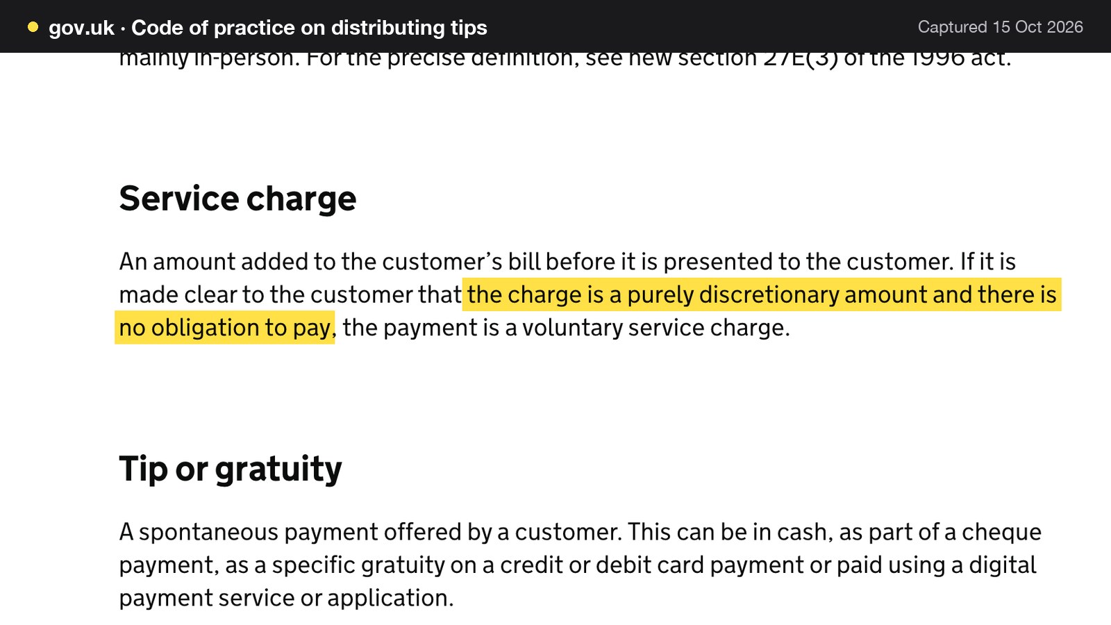 Screenshot of Code of practice on distributing tips on gov.uk, with the words "the charge is a purely discretionary amount and there is no obligation to pay" highlighted.